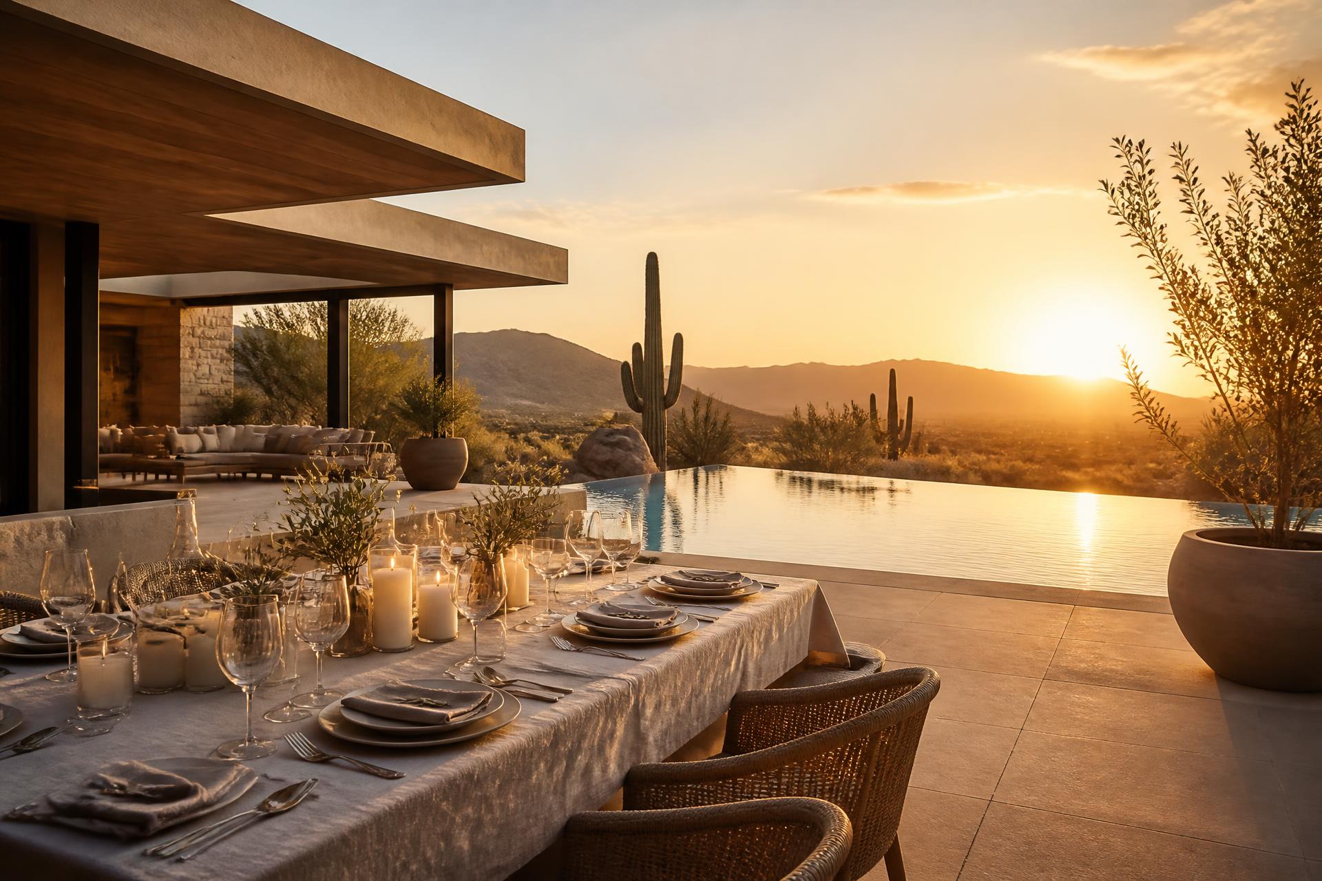 Sunset terrace of a luxury Arizona desert villa set for private dining